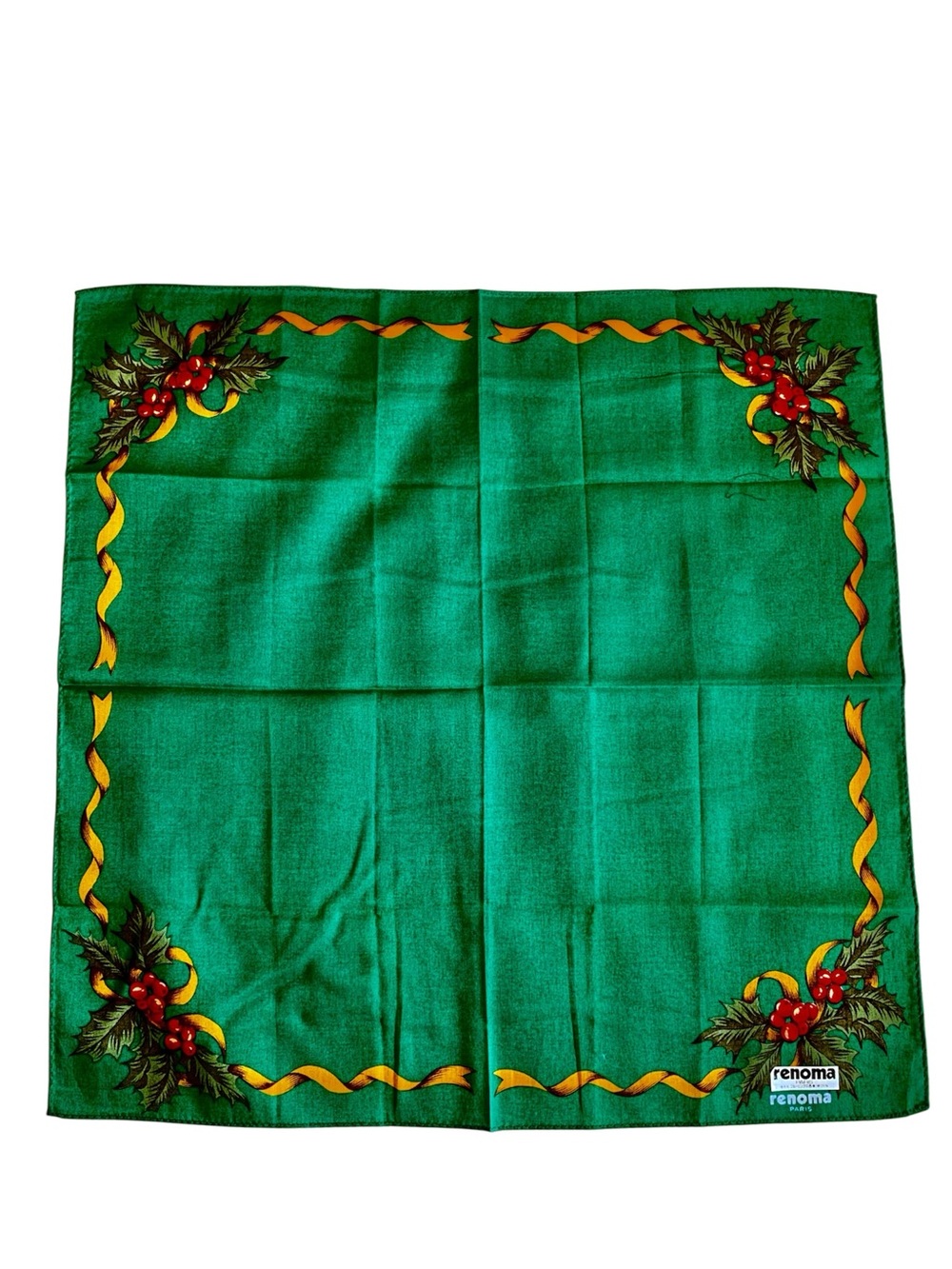 Renoma Paris Christmas Handkerchief NWT 16.5” Square Green Holly Ribbon Cotton